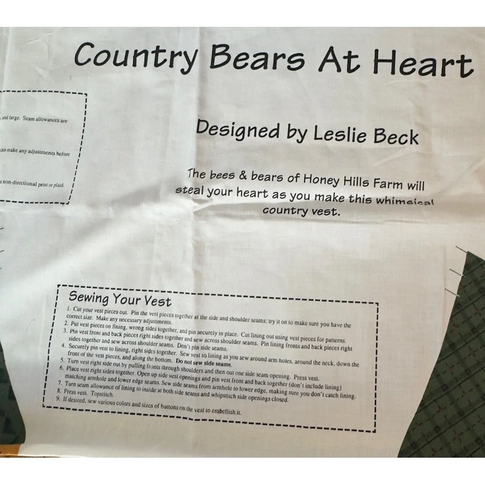 Country Beans At Heart Vest Fabric Panel Leslie Beck‎ Quilting Sewing Craft NOS